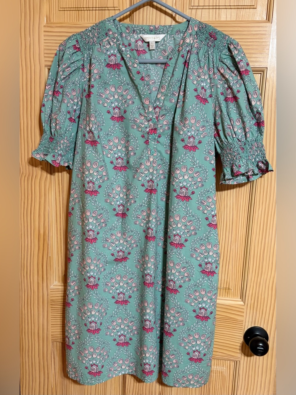 Seafoam Green Floral Puff-Sleeve Dress with side pockets. Feminine, Sweet, You